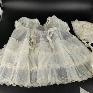 Vintage Baby Child Baptism Christening Dress Hat Cap Bonnet White Lace Ruffle